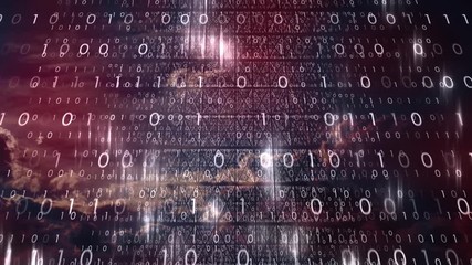 Wall Mural - Computer network with binary numbers data motion on dark dangerous cloudy sky time lapse background. 