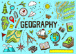 Set of geography symbols. Equipments for web banners. Vintage outline sketch for web banners. Doodle style. Education concept. Back to school background. Hand drawn style.