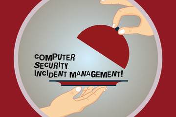 Conceptual hand writing showing Computer Security Incident Management. Business photo text Safe cyber technology analysisaging Hu analysis Hands Serving Tray Platter and Lifting the Lid