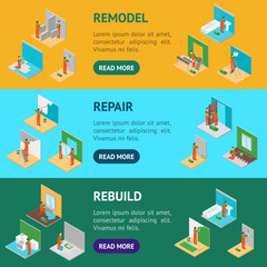 Poster - Home Repair Worker People 3d Banner Horizontal Set Isometric View. Vector