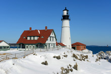 Portland Head Lighthouse And Keepers' House In Winter, Cape Elizabeth, Maine, USA