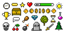 Pixel Art 8 Bit Objects. Retro Game Assets. Set Of Icons. Vintage Computer Video Arcades. Coins And Winner's Trophy. Vector Illustration.