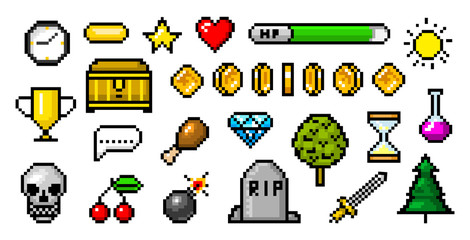 pixel art 8 bit objects. retro game assets. set of icons. vintage computer video arcades. coins and 
