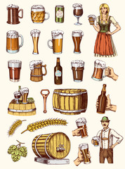 Wall Mural - Set of Beer glass, mug or bottle of oktoberfest. Alcoholic drink. Engraved in ink Hand Drawn in old sketch and Vintage Style for web, Invitations to party or pub menu. Isolated elements.