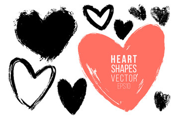 Vector collections of hand drawn grunge Valentine hearts isolated on transparent background. Heart symbol by hand. Various style hand drawn heart shapes