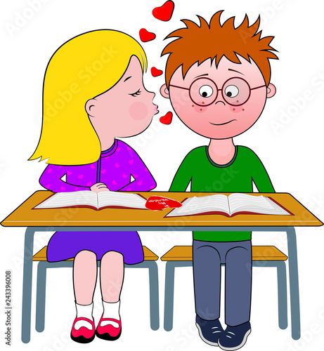 Cartoon Of A Boy And Girl Sitting At A Desk The Girl Looks As If She