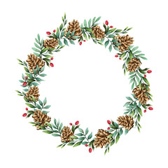 Canvas Print - Christmas wreath with pine cones watercolor style vector