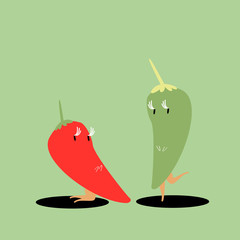 Sticker - Red and green chilies cartoon character vector