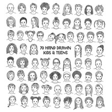 Set Of Seventy Hand Drawn Children's Faces, Diverse Portraits Of Kids And Teens Of Different Ethnicities, Black And White Ink Illustration