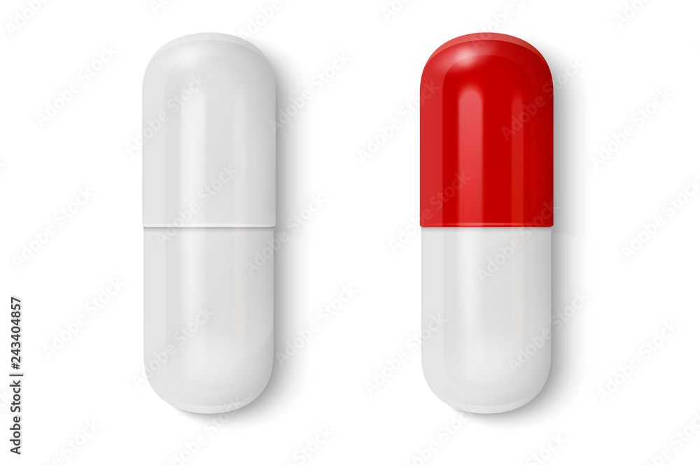 Vector 3d Realistic White and Red Medical Pill Icon Set Closeup Isolated on White Background. Design template of Pills, Capsules for graphics, Mockup. Medical and Healthcare Concept. Top View - obrazy, fototapety, plakaty 