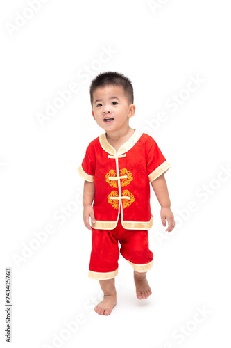 Portrait Of Asian Baby Boy Standing And Walking With Traditional Chinese Suit Isolated On White Background Dress Up For Chinese New Year Festival Concept One Year Six Month Infant Model Buy