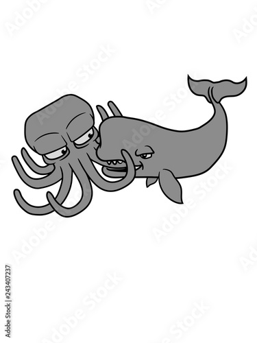 Essen Fressen Feinde Kampf Duell Blauwal Potwal Wal Riesenkalmar Gross Oktopus Krake Kopffusser Kalmar Tentakel Tintenfisch Unterwasser Monster Comic Cartoon Clipart Lustig Meer Wasser Tauchen Fisch Buy This Stock Illustration And