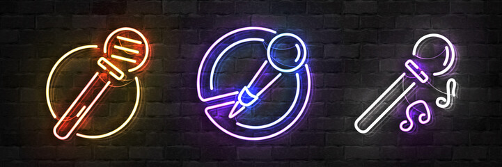Wall Mural - Vector set of realistic isolated neon sign of Microphone logo for template decoration and covering on the wall background. Concept of music, stand up comedy show and karaoke.