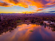 Beautiful Drone Sunset From Above City Park In Denver, Colorado