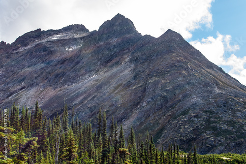 Landscape View Of Alpine Trees And A Huge Rocky Mountain In The Background On Hiking Trail To Upper Dewey Lake In Skagway Alaska Buy This Stock Photo And Explore Similar Images