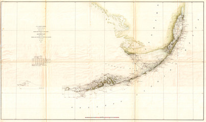 Fototapete - Old  Triangulation Map of the Florida Keys, 1859, U.S. Coast Survey