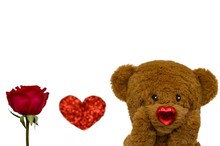 Valentine's Day Background That Have A Single Red Rose Show As Word - I, Blurred Photo Of Love Shape Bokeh That Taken From Red Glitter Paper Show As Word - Love And Teddy Bear Show As Word - You.