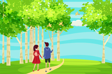 Wall Mural - Spring landscape at the edge of the forest, a hill. A couple of characters in love goes down the path to the horizon. Birds singing. Blue sky. Bright juicy colors. Vector, illustration, isolated