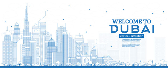 Wall Mural - Outline Welcome to Dubai UAE Skyline with Blue Buildings.