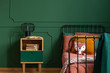 © Photographee.eu - Plush toy and pillows on single metal bed next to wooden nightstand with books and industrial lamp