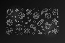 Bacterial Cells Dark Horizontal Banner. Vector Outline Silver Illustration Made With Microbes And Bacterium Icons