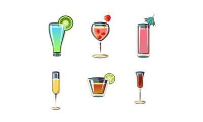 Sticker - Set of refreshing summer cocktails in glasses. Alcoholic drinks. Cartoon vector elements for menu or party poster