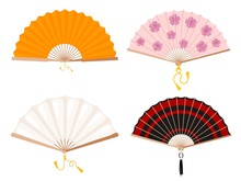 Set Of Fans On A White Background. Yellow, White, With A Floral Pattern And Red Stripes Fan. Japanese And Chinese Fan With Tassels. Vector Illustration