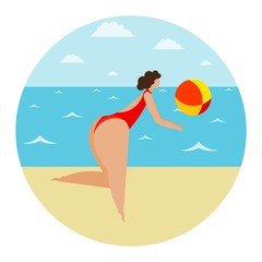 Girl and beach volleyball in the sand. Stylized woman on the beach playing ball. Vector illustration of a summer sports game and leisure activities. Vacation by the sea.