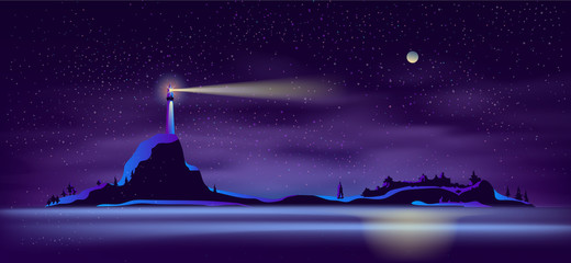 Wall Mural - Vector background with lighthouse at night - building on mountain with searchlight, illuminated shore, landscape. Tower for navigation in ultraviolet colors, full moon backdrop. Mist, haze on beach.