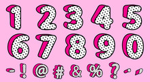 Cute Black Polka Dots 3D Set Of Numbers And Signs. Vector LOL Girly Doll Surprise Style. Banner With Hot Pink Shadow. Font Design Kids Age. Picture For Birth Invite Vector Card. Valentine's Day SaleCu