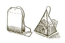 Set Of Tea Bag In Engraving Style. Hand Drawn Vector Illustration. Pyramid Shaped Bag Of Tea.