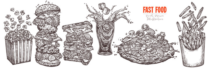 Sketch levitation fast food collection with burger, box with french fries and popcorn, glass with splashed cola and ice cube, pizza; vector hand drawn illustration of flying ingredients