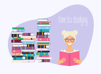 Time to studying. Girl reading a book. Science concept with book icons..Flat design modern vector illustration concept.