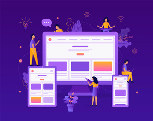 Wall Mural - developers are testing an adaptive website on a tablet, computer and smartphone. web development con