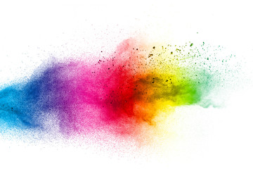 Wall Mural - color dust splash cloud on white background. launched colorful particles on background.