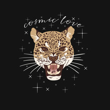 Leopard Head. Cosmic Love Slogan. Typography Graphic Print, Fashion Drawing For T-shirts. Vector Stickers, Print, Patches Vintage Rock Style