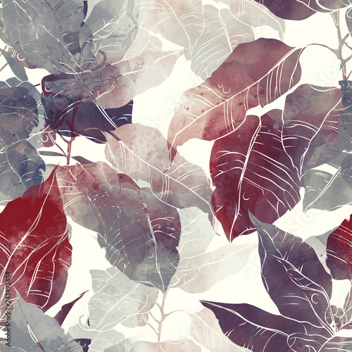 Naklejka na meble imprints abstract leaves poinsettia mix repeat seamless pattern. digital hand drawn picture with watercolour texture.