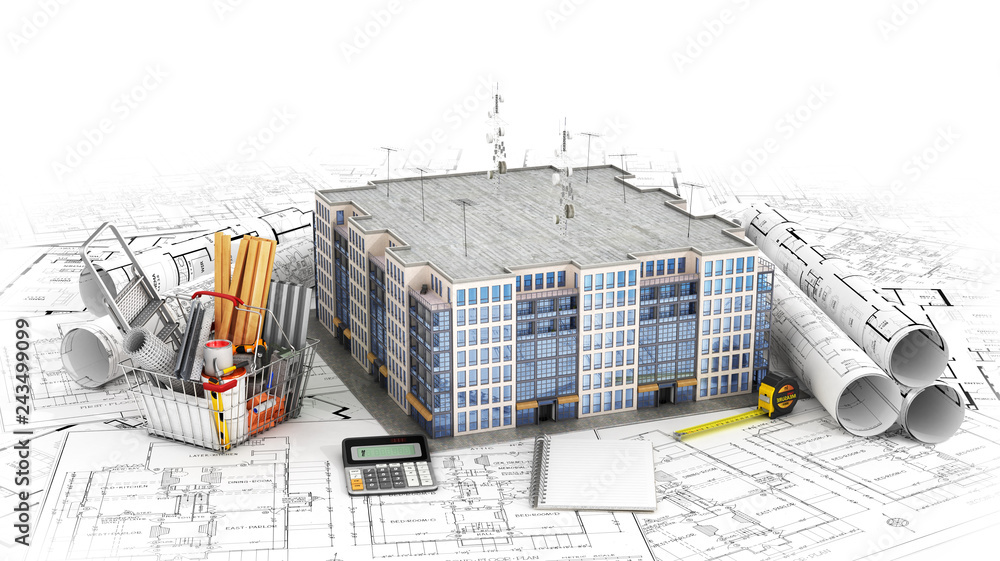 Residential house with tools on architect blueprints. Housing project ...