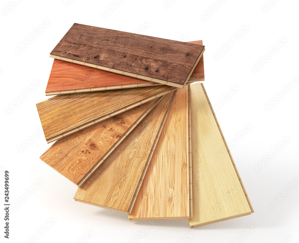 Floorboard with different texture coating. 3d illustration - obrazy, fototapety, plakaty 