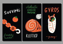 Traditional Greek Cuisine. Set Of Hand Drawn Flyer Templates. Gyros, Kleftico, Souvlaki.