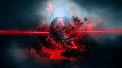 Wall Mural - abstract background with comet explosion. thick smoke burning stone, laser beam, red neon. cosmic ex