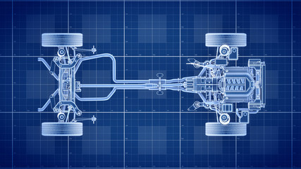 Working Car Internal Combustion Engine Scheme with chassis and wheels 3d render