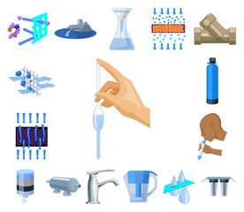 Wall Mural - Water filtration system cartoon icons in set collection for design. Cleaning equipment vector symbol stock web illustration.