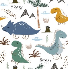 Wall Mural - childish dinosaur seamless pattern for fashion clothes, fabric, t shirts. hand drawn vector with lettering.