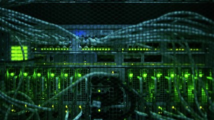Aufkleber - Close-up Shot In Data Center: Insides of the Working Server Rack Showing Hardware Equipment, Fiber Optic Broadband Cables, Blinking LED Lights.