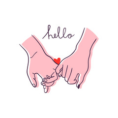 Wall Mural - Hello. One line hand drawn holding hands. Saint Valentine's day colored vector illustration