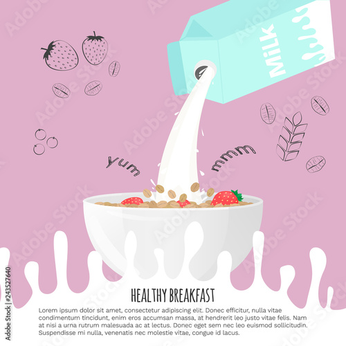 Bowl Of Porridge With Strawberry And Board Box Of Milk Concept Of