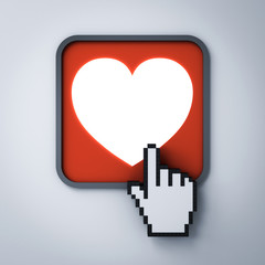 Aufkleber - Love heart button with computer hand cursor isolated on dark white background 3D rendering
