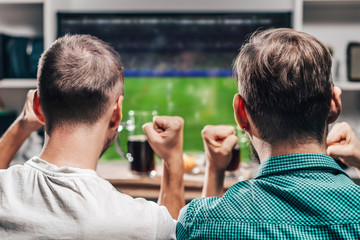 Two male friends watching live football game broadcast on tv