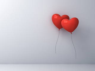 Aufkleber - Two red heart shape balloons being together over white wall background Love couple concept for valentine's day 3D rendering